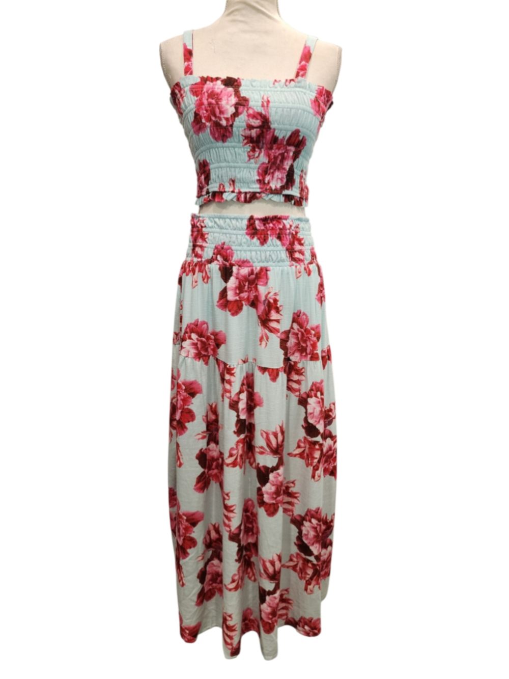 Paper Heart Floral Smocked Crop Top & Tiered Maxi Skirt Set S Boho Summer Blue